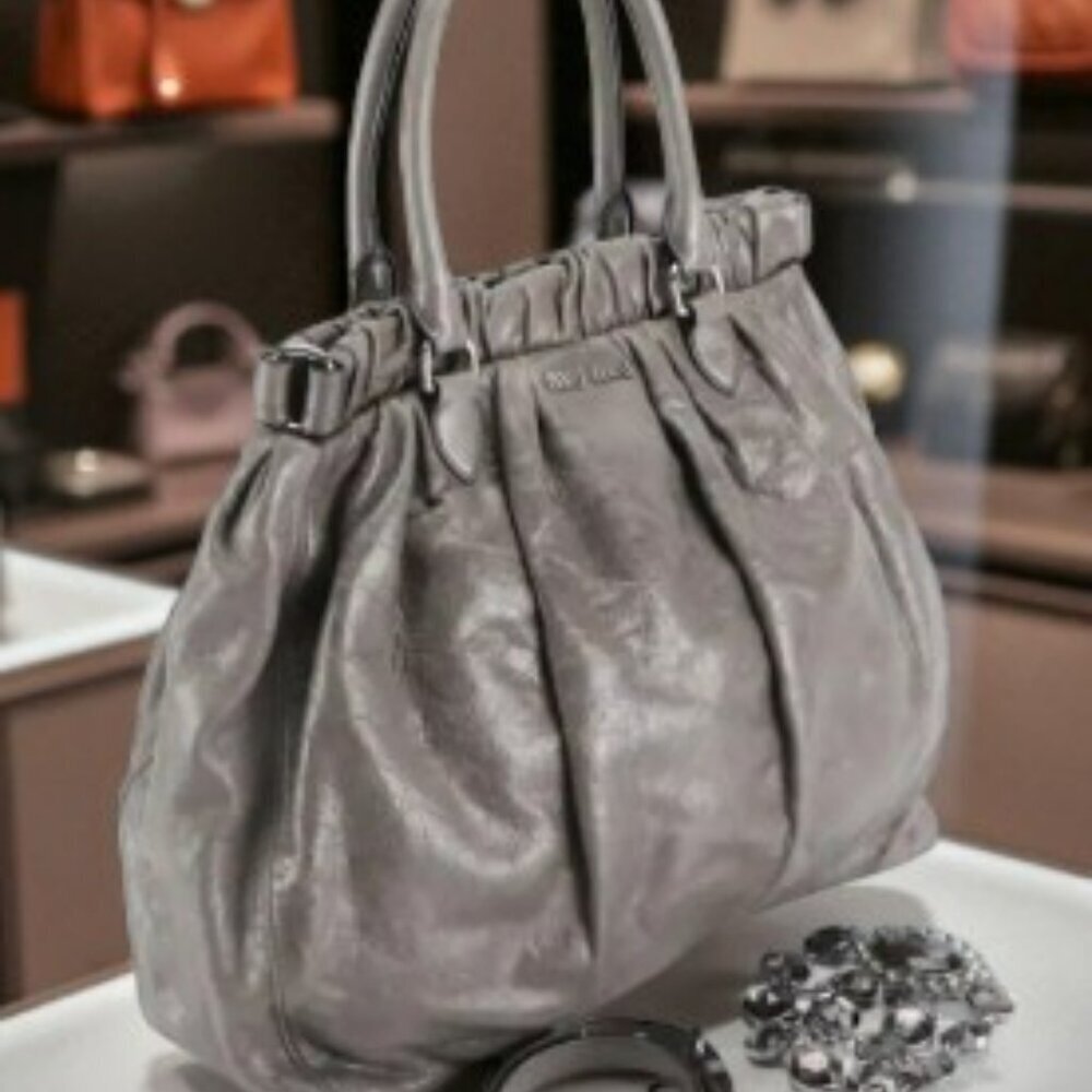 Miu Miu Grey Glaze Leather Gathered Tote Shopping Tote with Detachable Straps